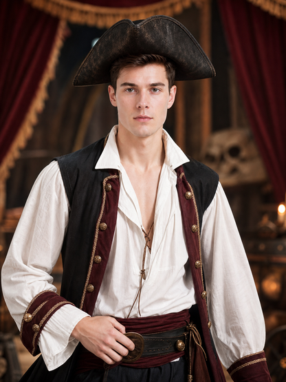 Pirate Tricorn Hat, Three-Cornered Costume Hat With Wide Curved Brim, Dark Gold Pattern And Stitched Edge For Cosplay Parties