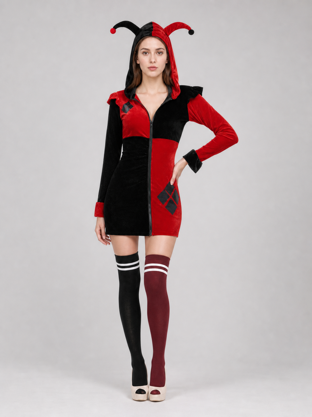 Women's Halloween Jester-Clown Costume with Hat on-model view 2