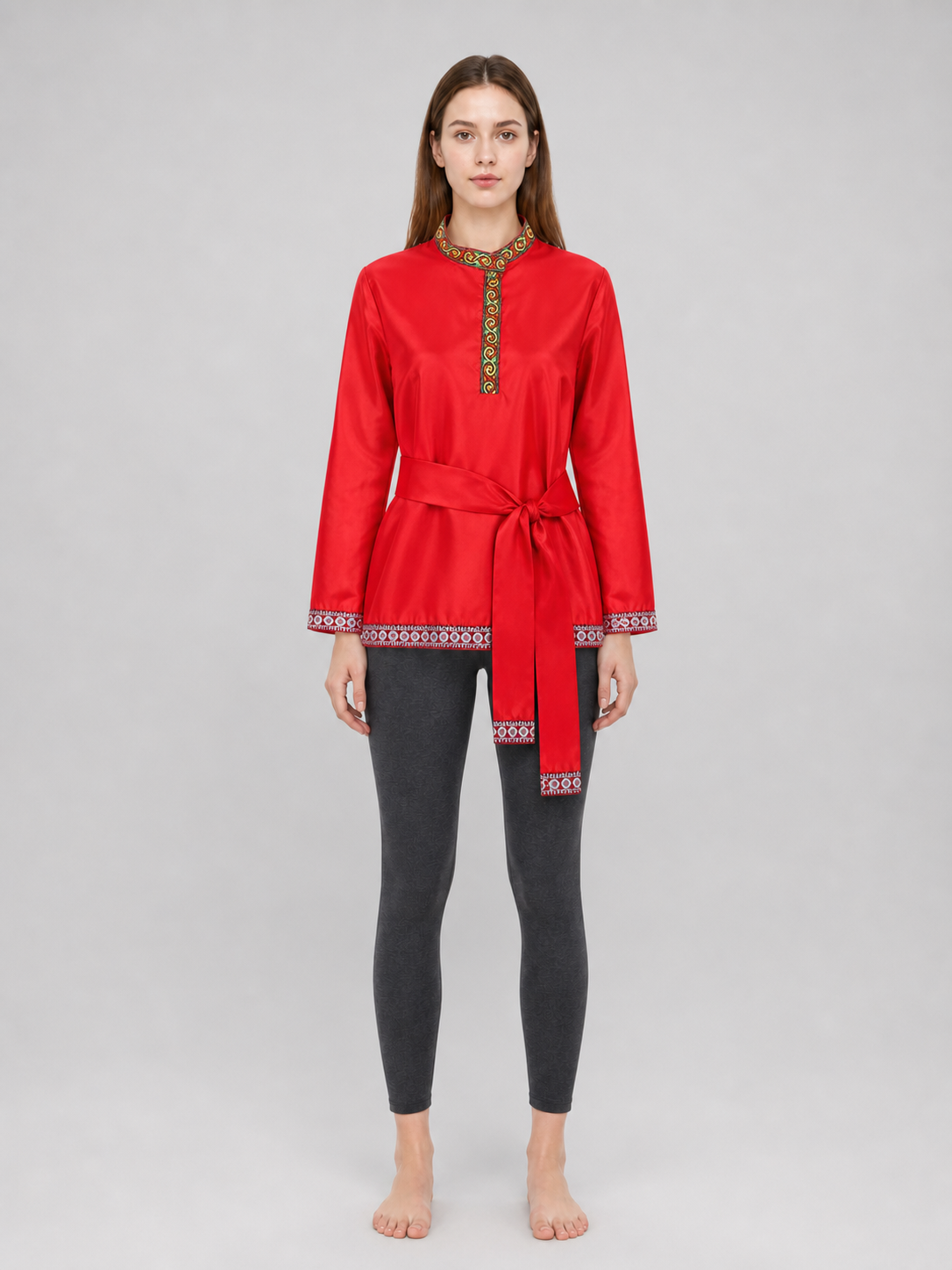 Red Tunic with Ornament, Stand-Up Collar, and Belt