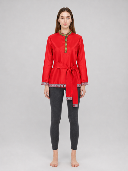 Red Tunic with Ornament, Stand-Up Collar, and Belt