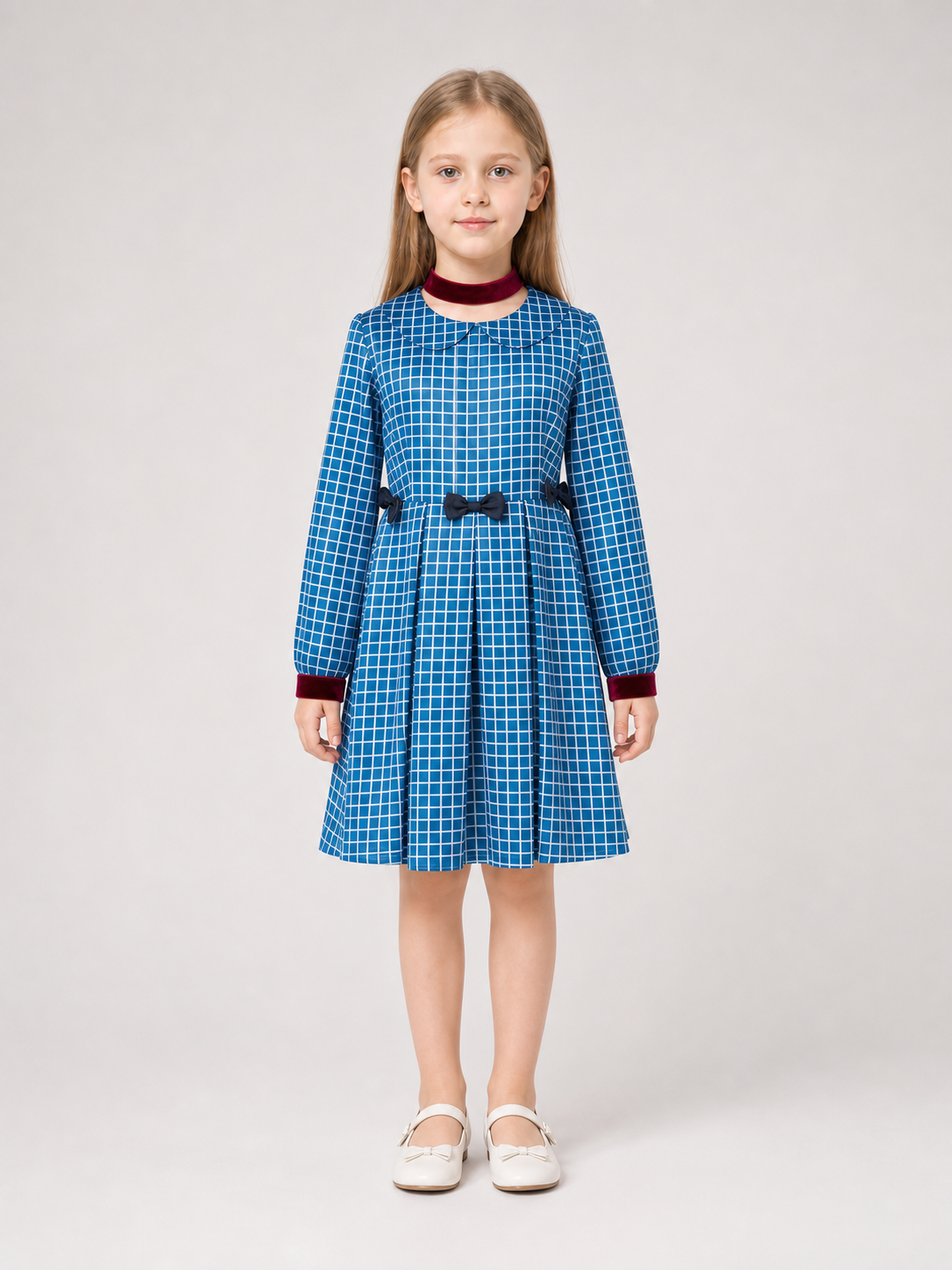 Esther from Orphan cosplay dress in blue plaid on-model view 3