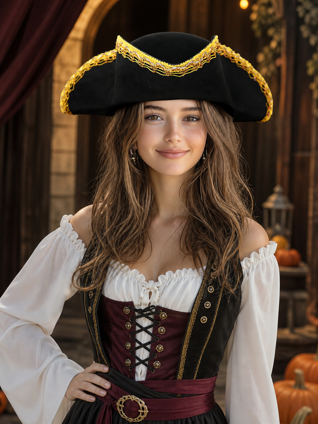 1pc Theatrical Pirate Tricorn Hat, Black Three-Cornered Style with Ornate Gold Trim and Wide Curved Brim for Costume Parties and Themed Events