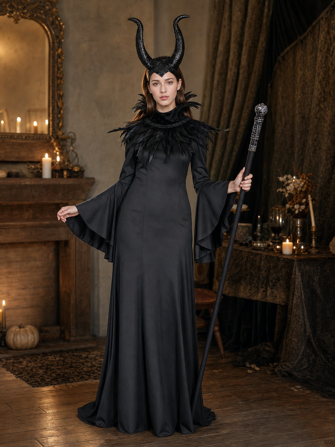 Black Gothic Witch Costume Dress With Horned Headpiece, Feather-Like Trim And Decorative Staff For Halloween Cosplay Parties