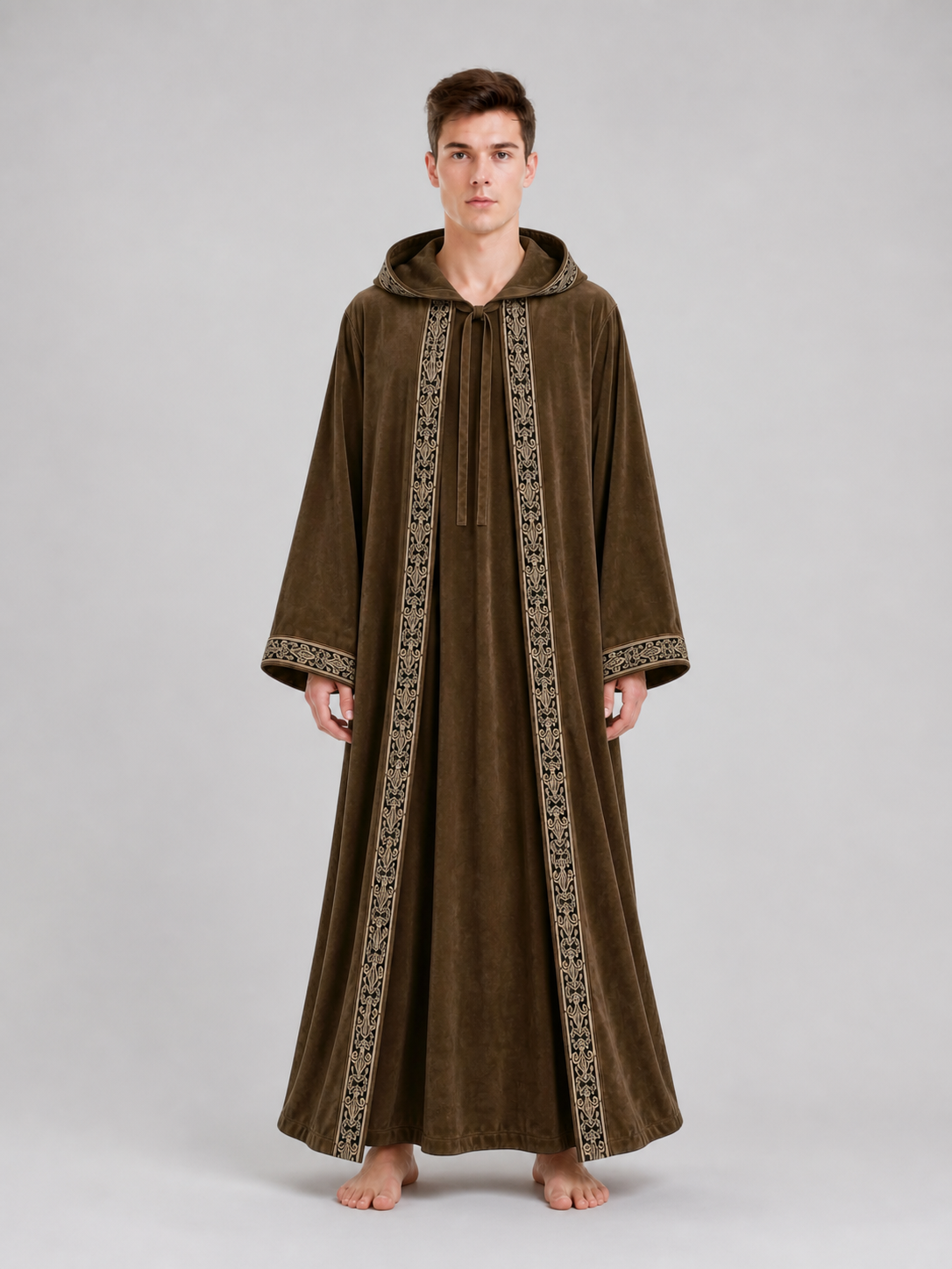 Long Hooded Robe, Brown, Loose Fit on-model view