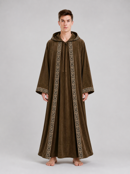 Long Hooded Robe, Brown, Loose Fit on-model view