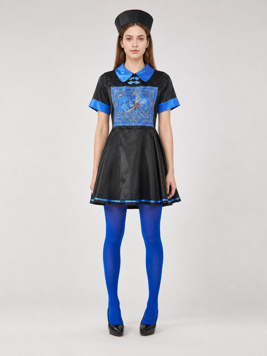 Chinese-style costume dress, hat, and tights
