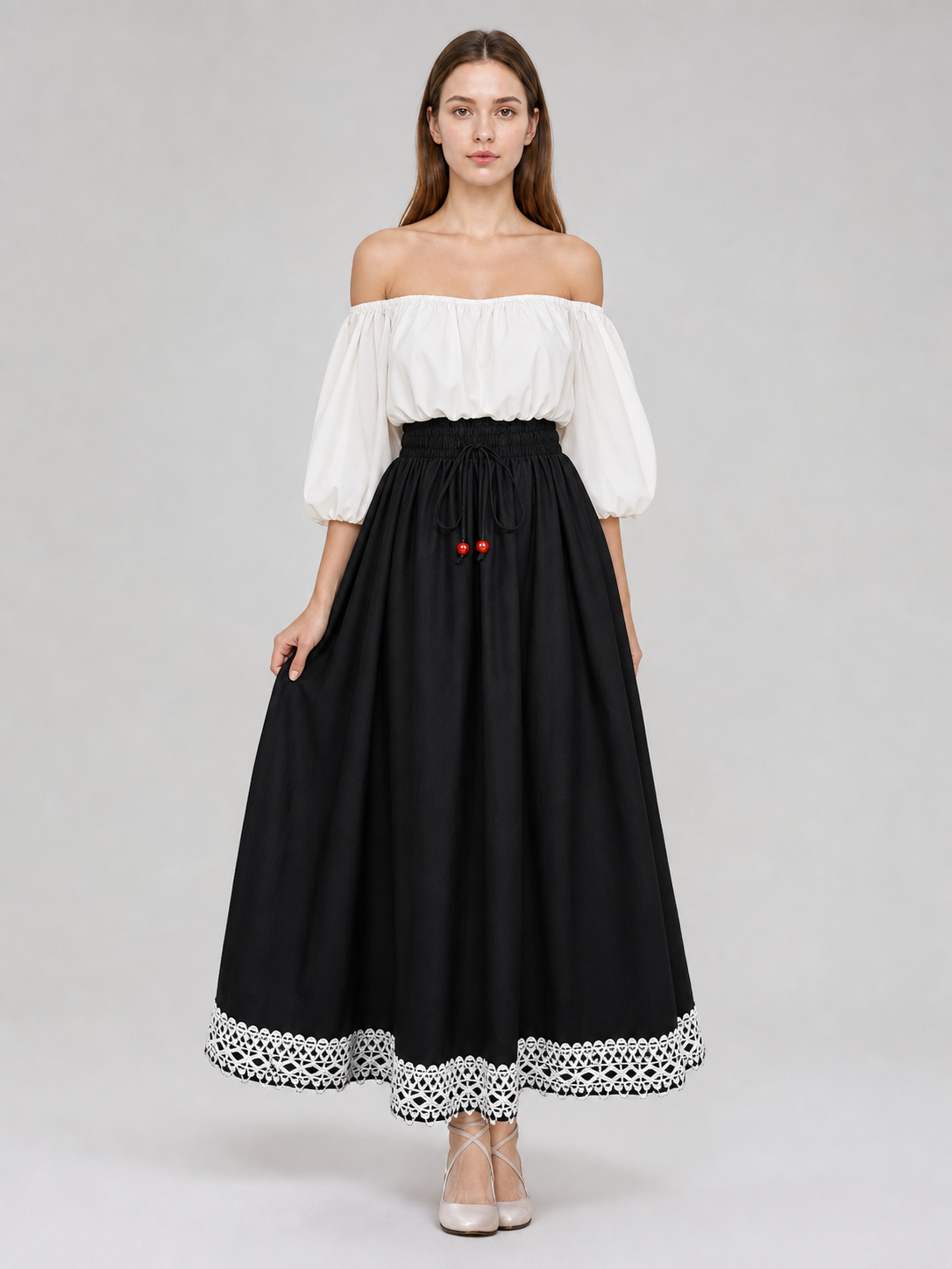 Black boho lace maxi skirt