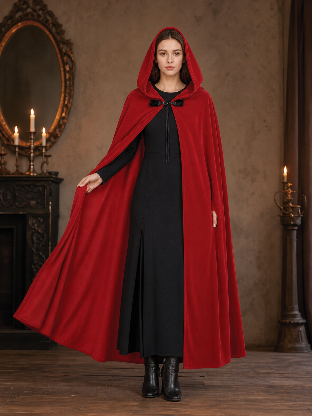Medieval Hooded Cape, Long Flowing Bright Red Cloak with Oversized Hood and Toggle Closure for Cosplay Costume Parties