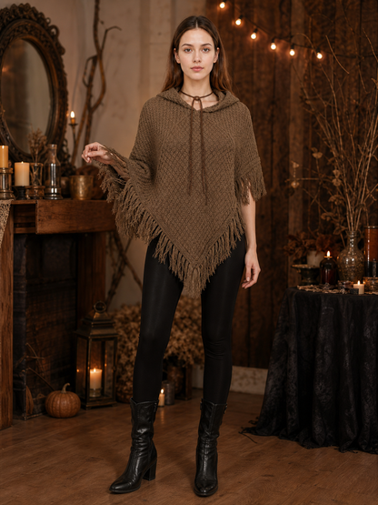 Triangle Hooded Cape with Fringe, Brown on-model view