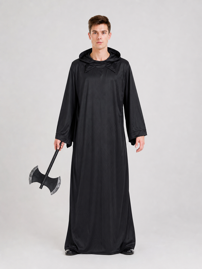 Dark fantasy costume with hood and axe on-model view 2