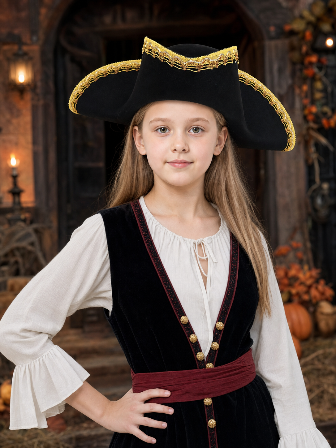1pc Children's Pirate Hat, Black Wide Brim Pirate Costume Hat with Gold Decorative Trim, Tall Crown for Dress-Up Play and Costume Parties