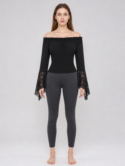 Black off-the-shoulder blouse with ruffles and long sleeves