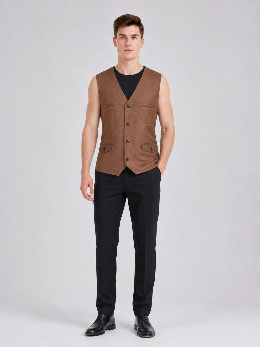 Brown vest with buttons, pockets, and lacing