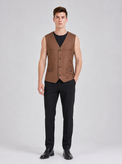 Brown vest with buttons, pockets, and lacing