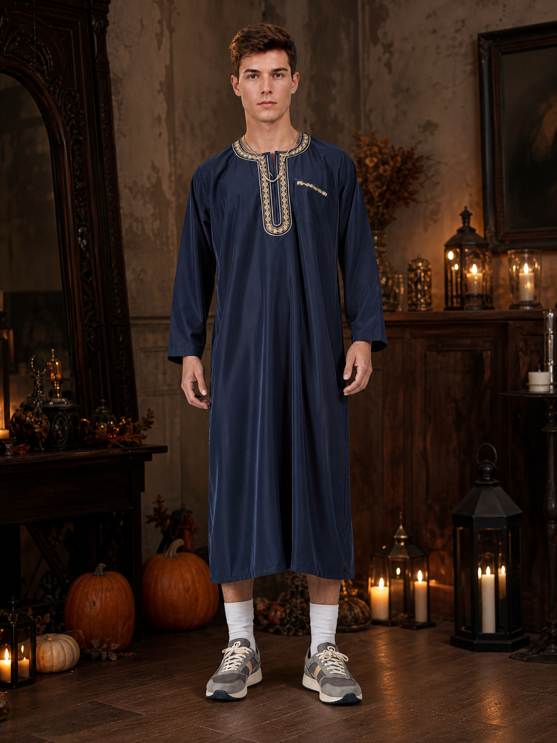 Men's Traditional Islamic-Inspired Long Robe, Deep Navy Blue Full-Length Tunic With Embroidered Trim For Modest Wear