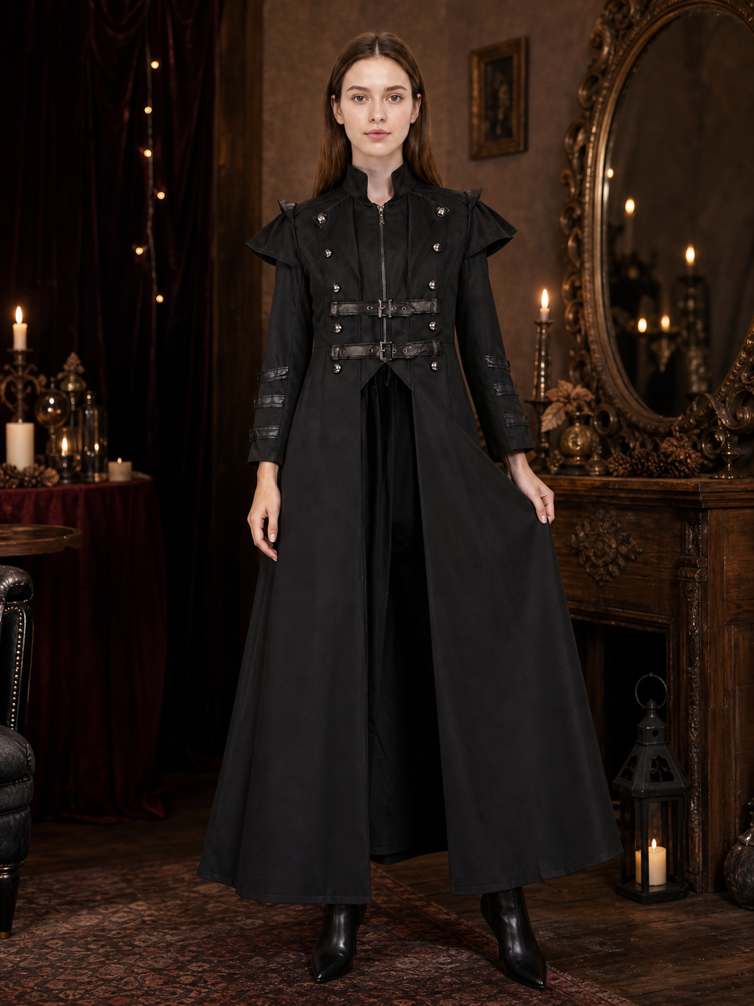 Gothic Coat with Stand Collar and Buckles
