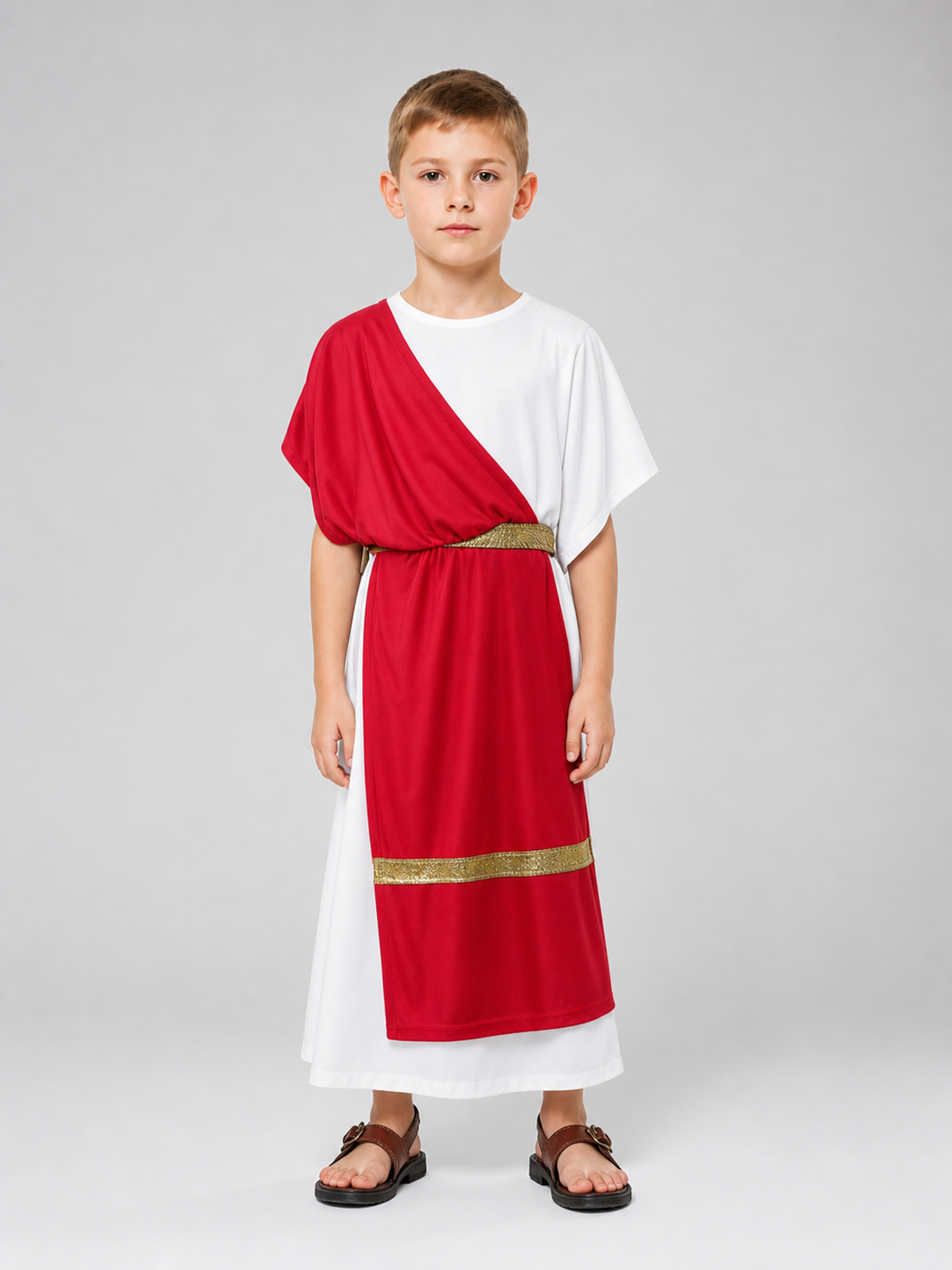 Ancient Greek Costume with Red and Gold Ribbons on-model view 3