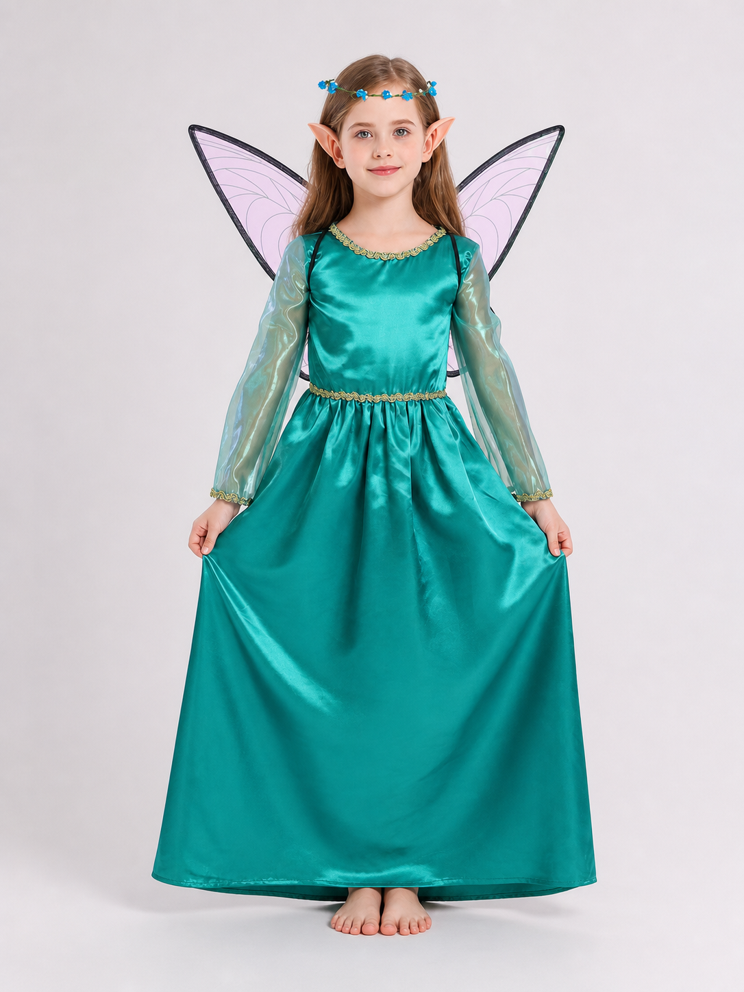 Green fairy-elf costume with wings and headband