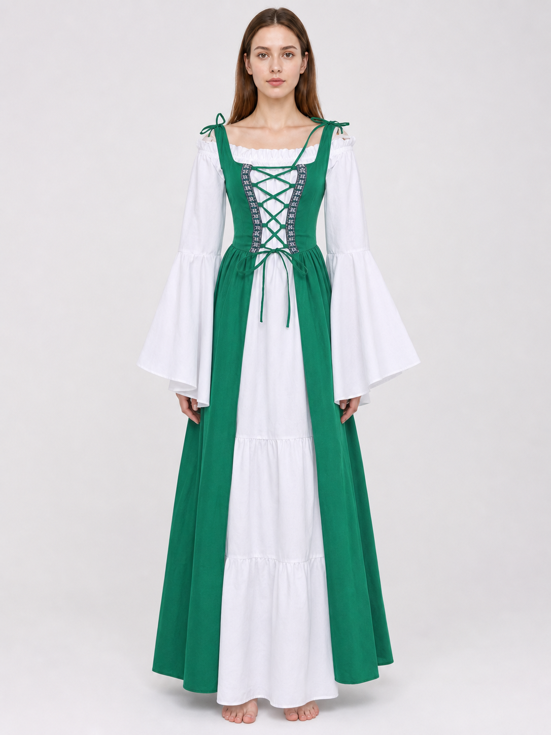 Green and white medieval-style dress with lacing