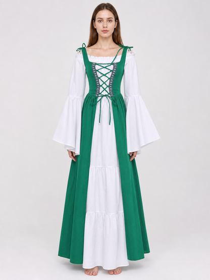 Green and white medieval-style dress with lacing