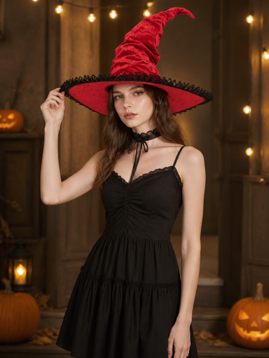 Red and Black Wide Brim Witch Hat, Tall Curved Pointed Top with Black Lace Trim on-model view 2