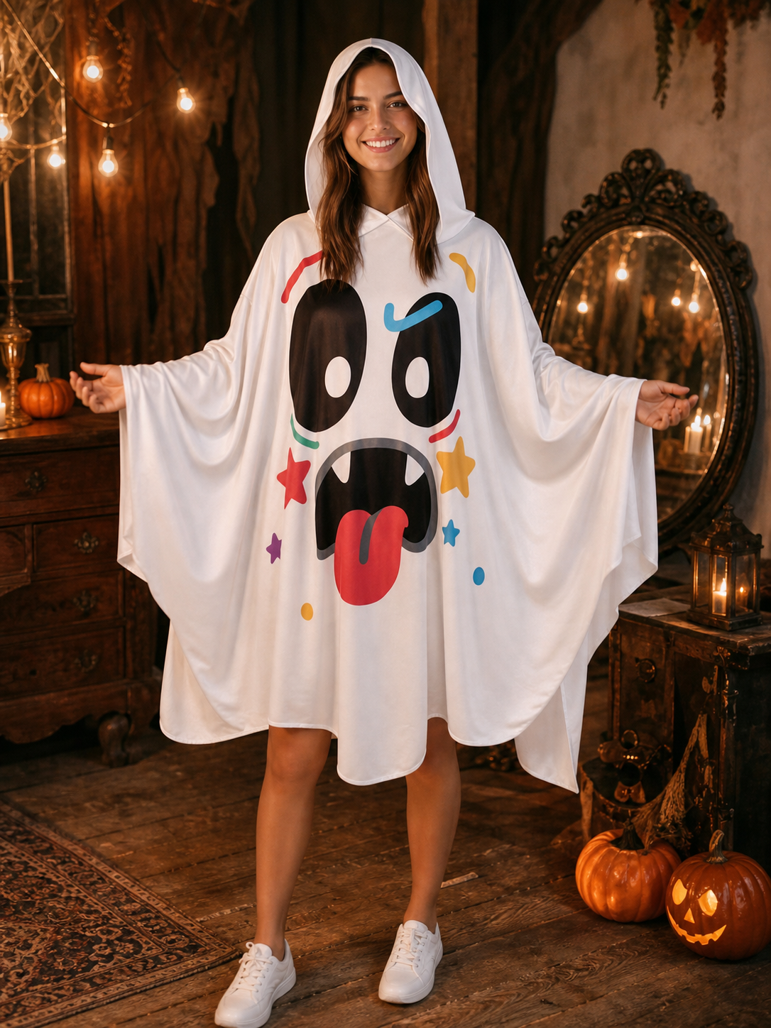 Halloween Ghost Costume Hooded Poncho with Cartoon Face Graphic, Wide Draped Sleeves and Multicolor Details for Costume Parties