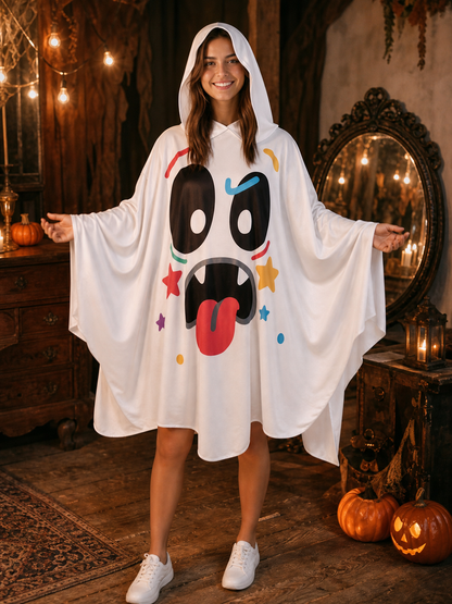 Halloween Ghost Costume Hooded Poncho with Cartoon Face Graphic, Wide Draped Sleeves and Multicolor Details for Costume Parties