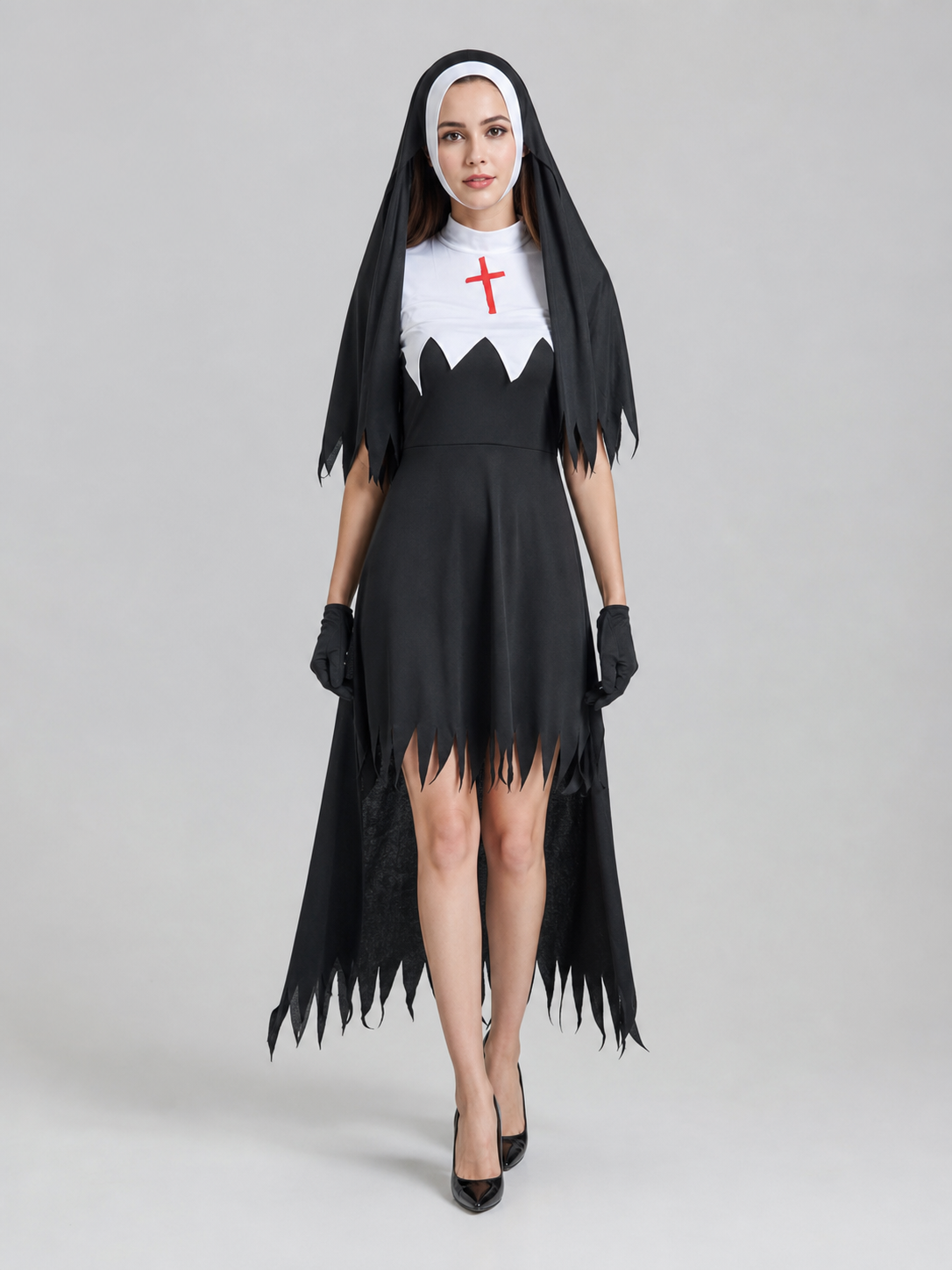 Gothic hooded costume with a red cross for Halloween