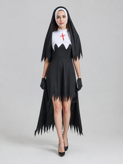 Gothic hooded costume with a red cross for Halloween