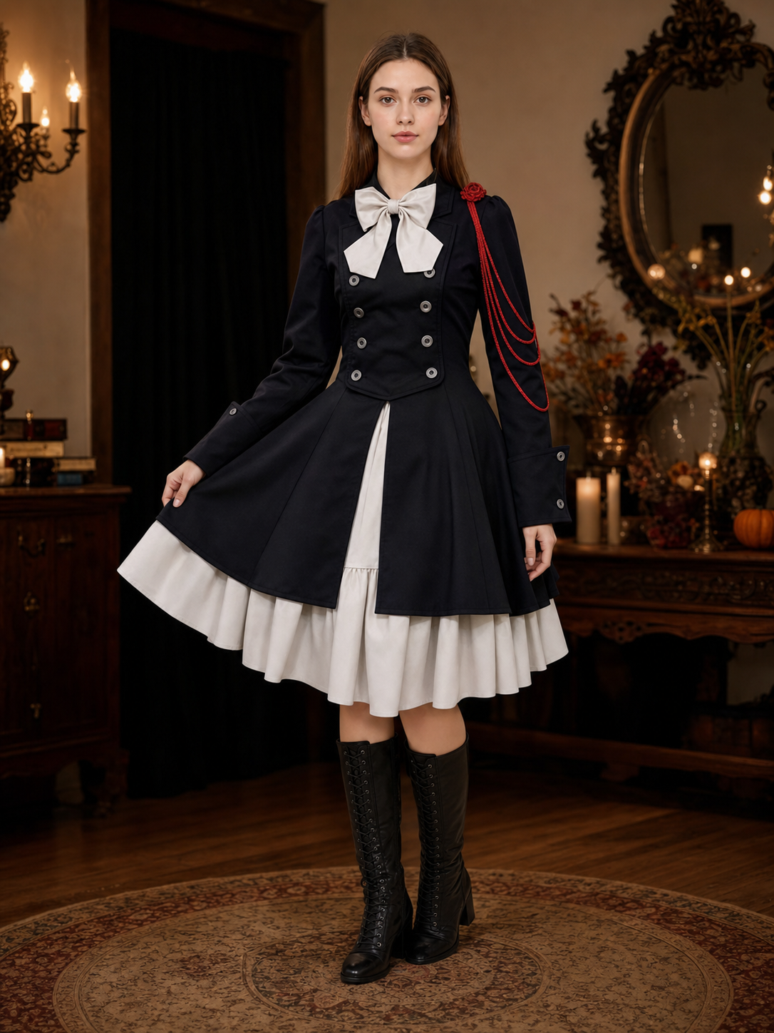 Gothic Dress with Double Rows of Buttons and a Bow