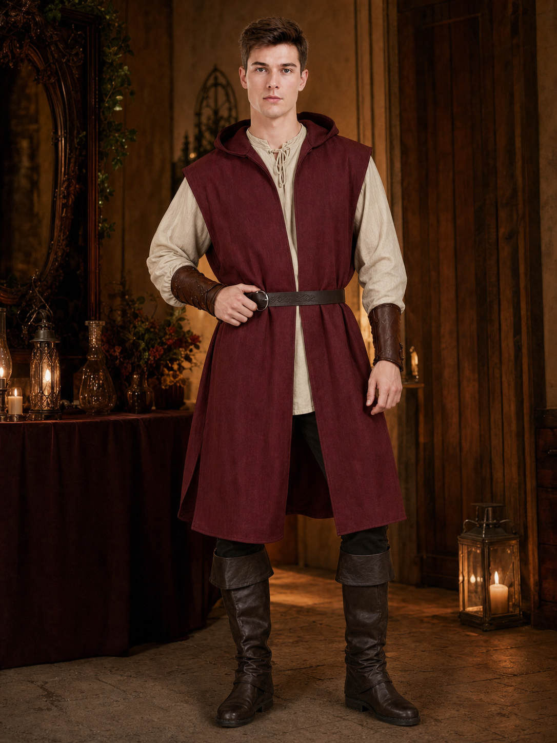 Adult Medieval Fantasy Hooded Cape, Wine Red Sleeveless Long Split-Hem Cloak on-model view 4