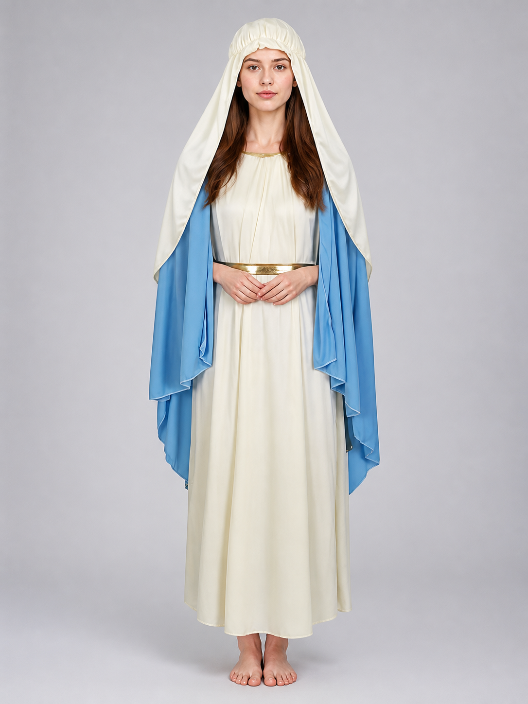 Front view of a white robe with layered blue cape, gold sash, and gathered head covering on a model standing barefoot