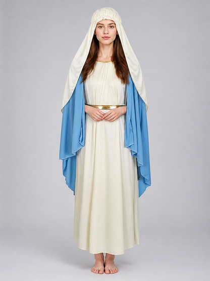 Front view of a white robe with layered blue cape, gold sash, and gathered head covering on a model standing barefoot