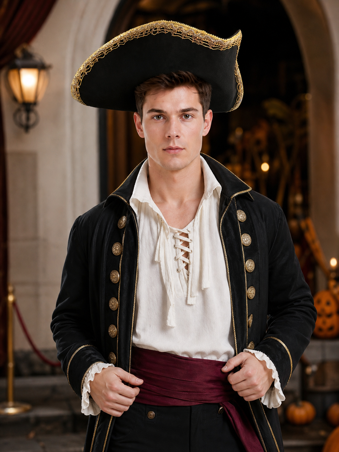 Black and Gold Trim Pirate Hat, Wide Curved Tricorn Costume Headpiece with Structured Crown for Cosplay, Costume Parties and Themed Events