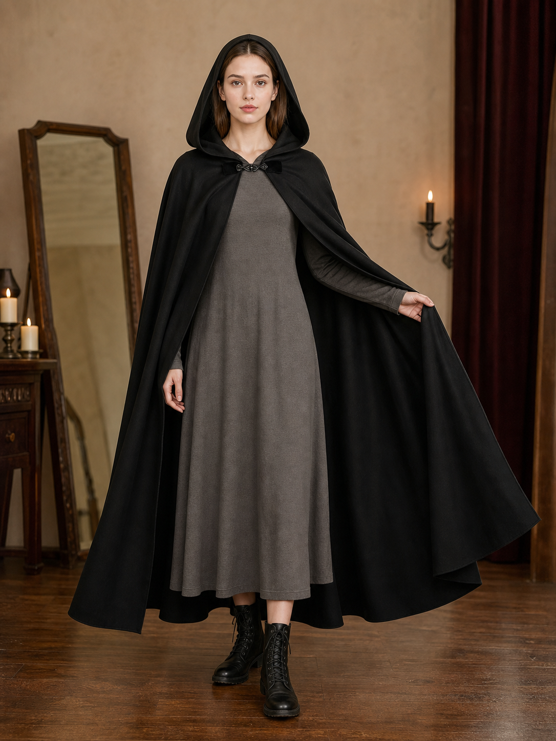 Long black hooded carnival cloak