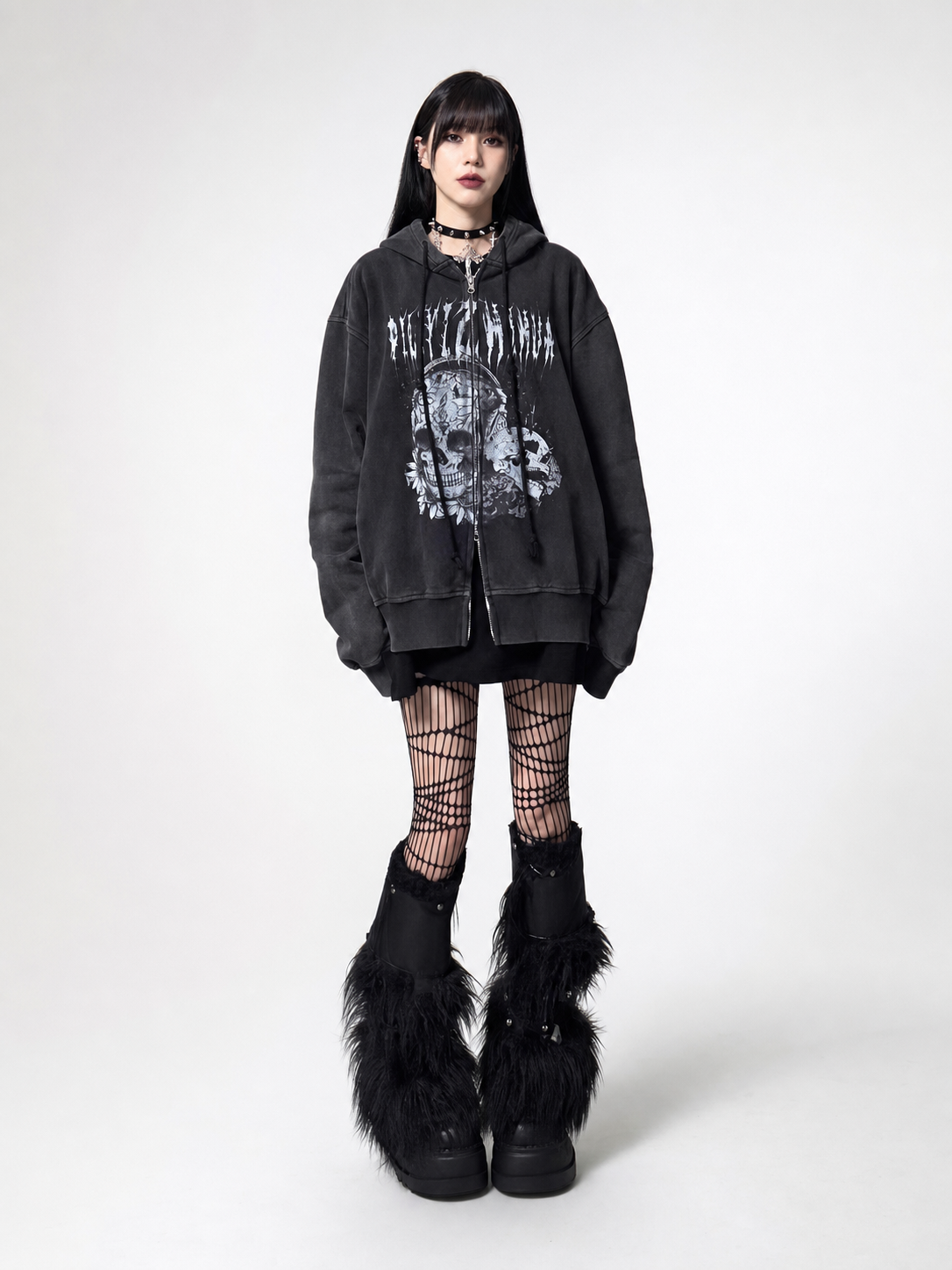 Y2K Skull Print Hoodie, Gothic Oversized