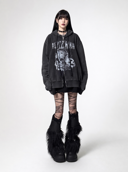 Y2K Skull Print Hoodie, Gothic Oversized