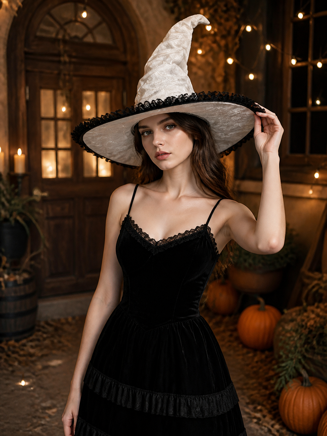 White and Black Witch Hat, Wide Brim Pointed Hat with Lace Trim and Curved on-model view