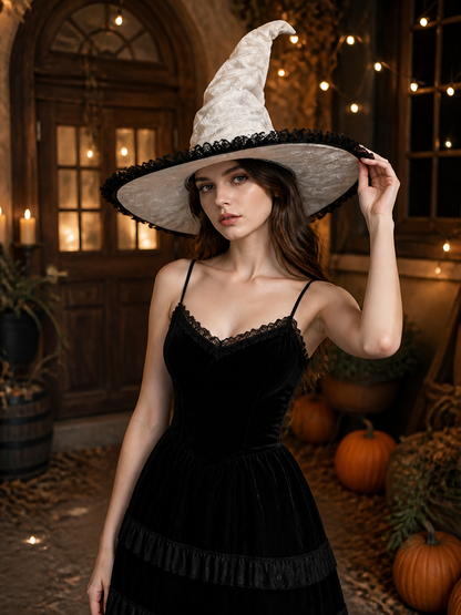 White and Black Witch Hat, Wide Brim Pointed Hat with Lace Trim and Curved on-model view