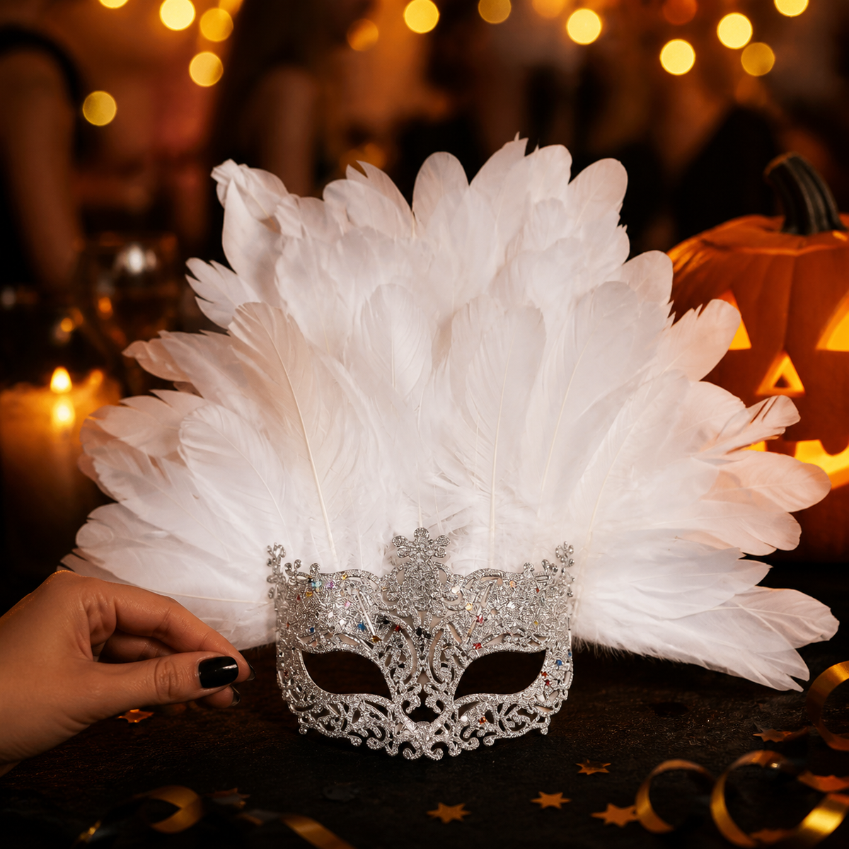 White feather masquerade mask held in front of a dark Halloween setting with pumpkins, candles, and metallic confetti