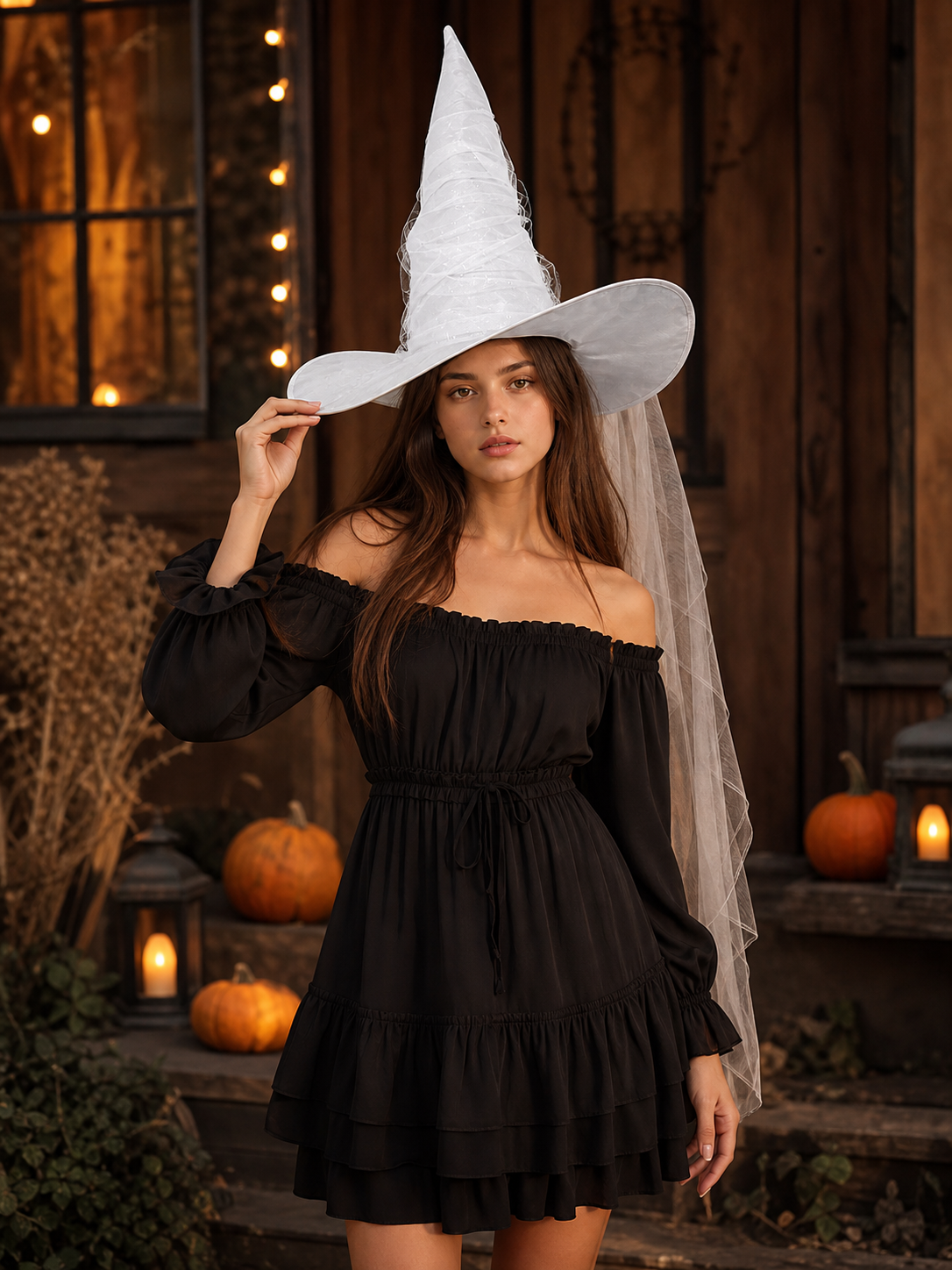 White Halloween Witch Hat With Attached Sheer Veil, Tall Curved Pointed Crown And Wide Floppy Brim For Cosplay Costume Party