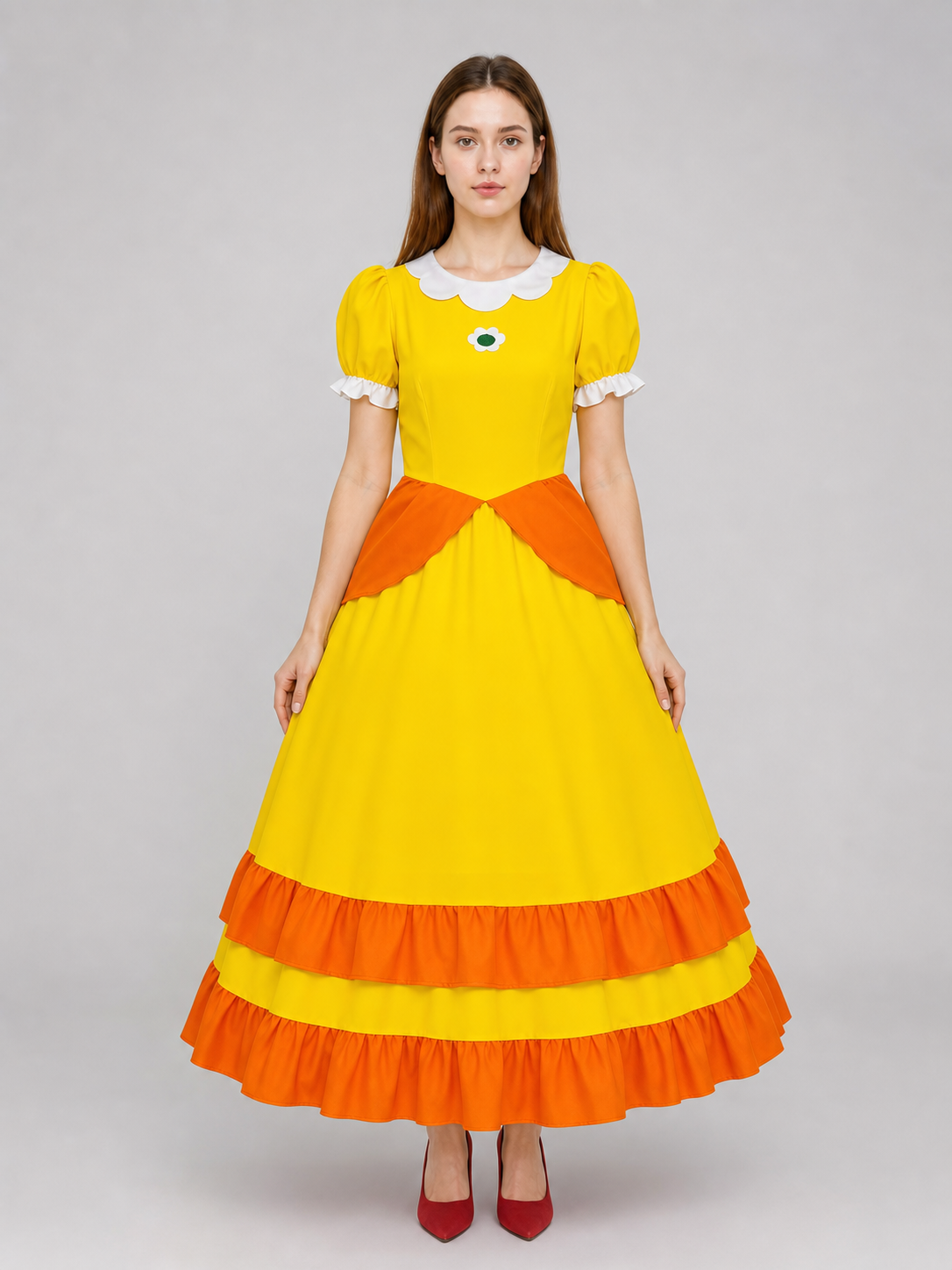 Yellow carnival costume with a crown and a full skirt