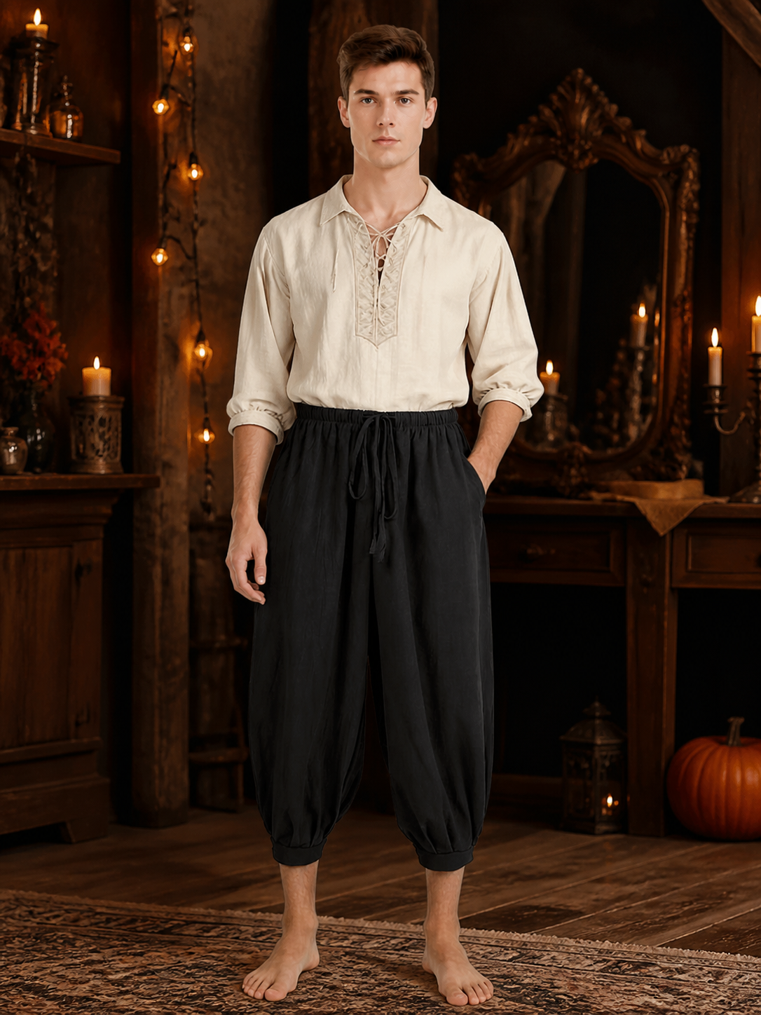 Man wearing black cropped harem pants with a drawstring waistband and side pockets, posed in a dark room with candles and furnishings