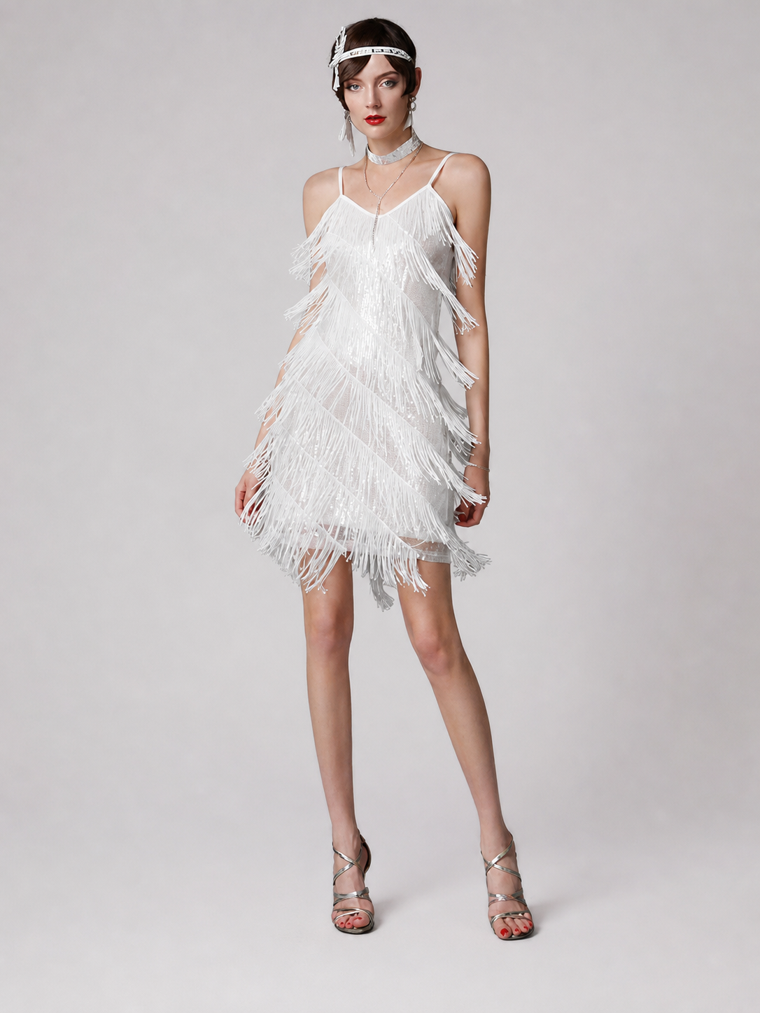 White 1920s-Style Fringe Dress for a Party