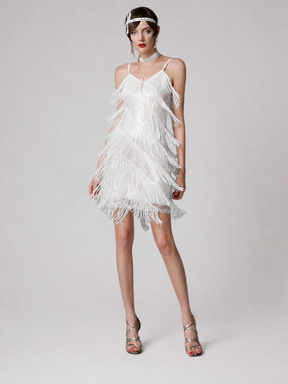 White 1920s-Style Fringe Dress for a Party