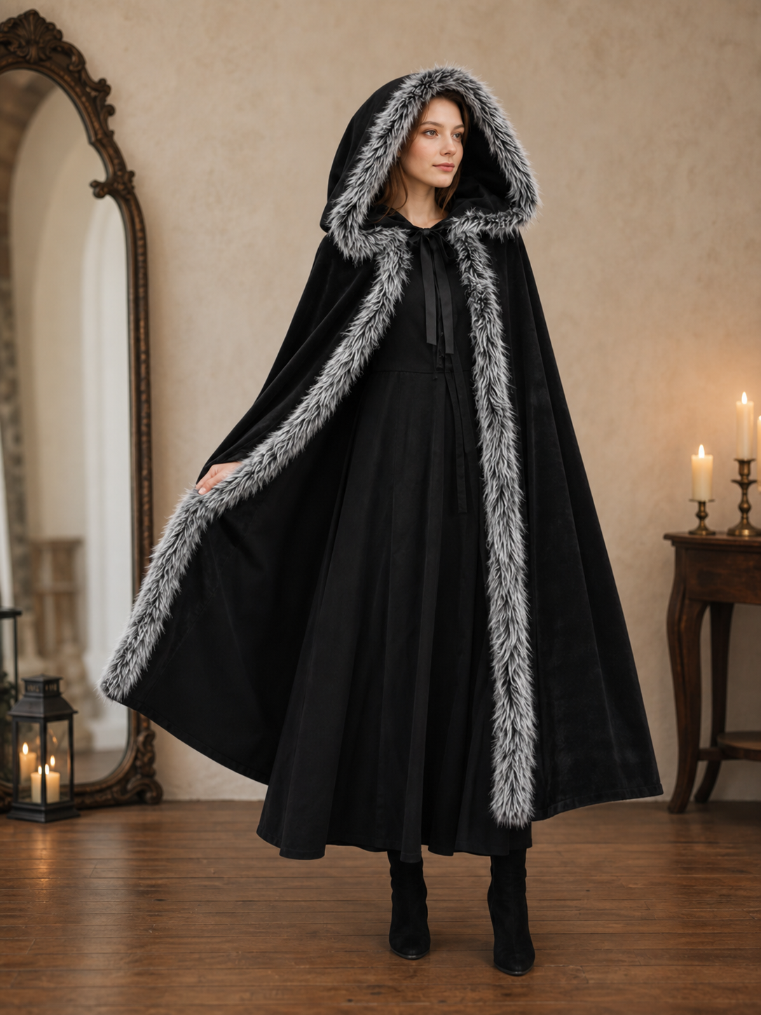 Black carnival cape with hood and shaggy trim