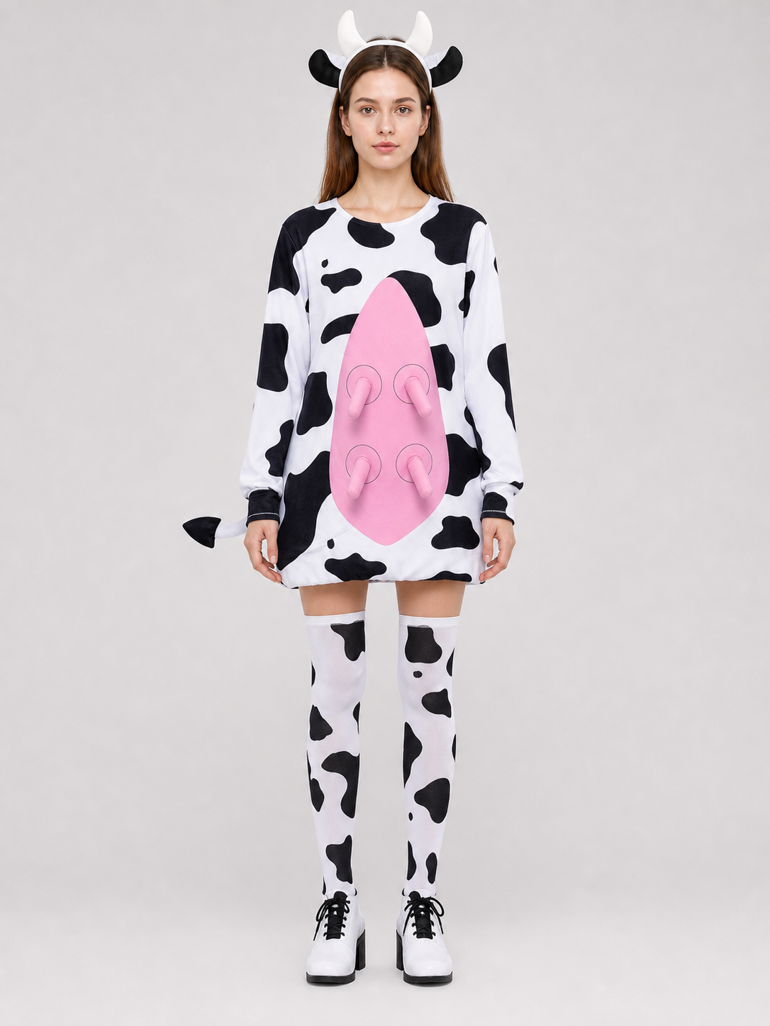Adult Cow Costume with Headband, Tail, and Leg Warmers