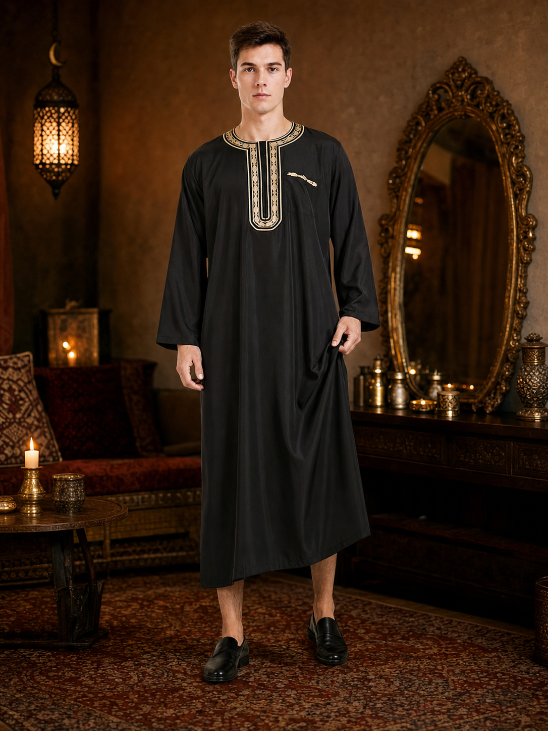 Long Black Abaya with Gold Collar Trim on-model view