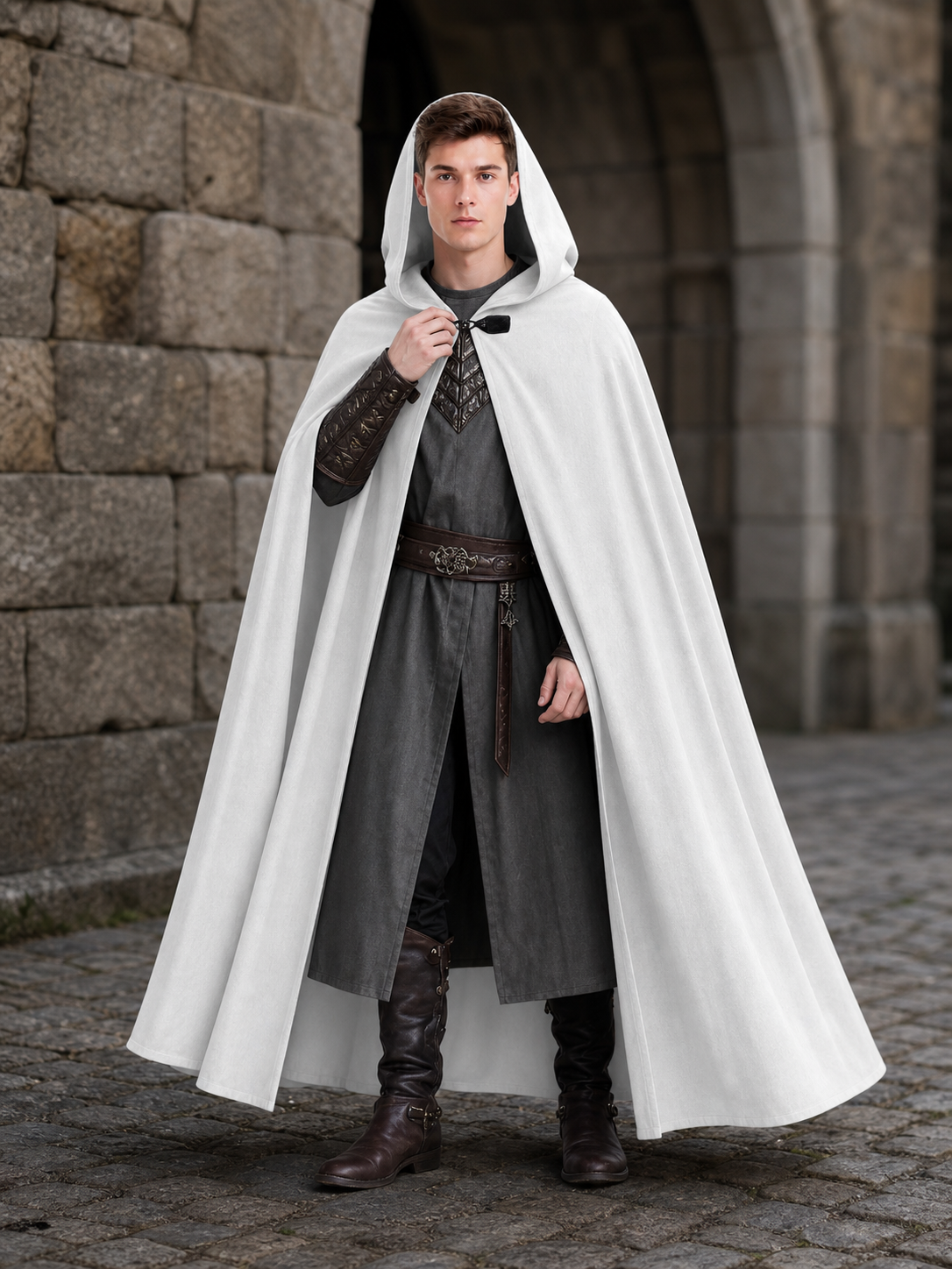 Medieval White Velvet Hooded Long Cloak Cape with Black Bow Tie Front Flared Hem on-model view 2