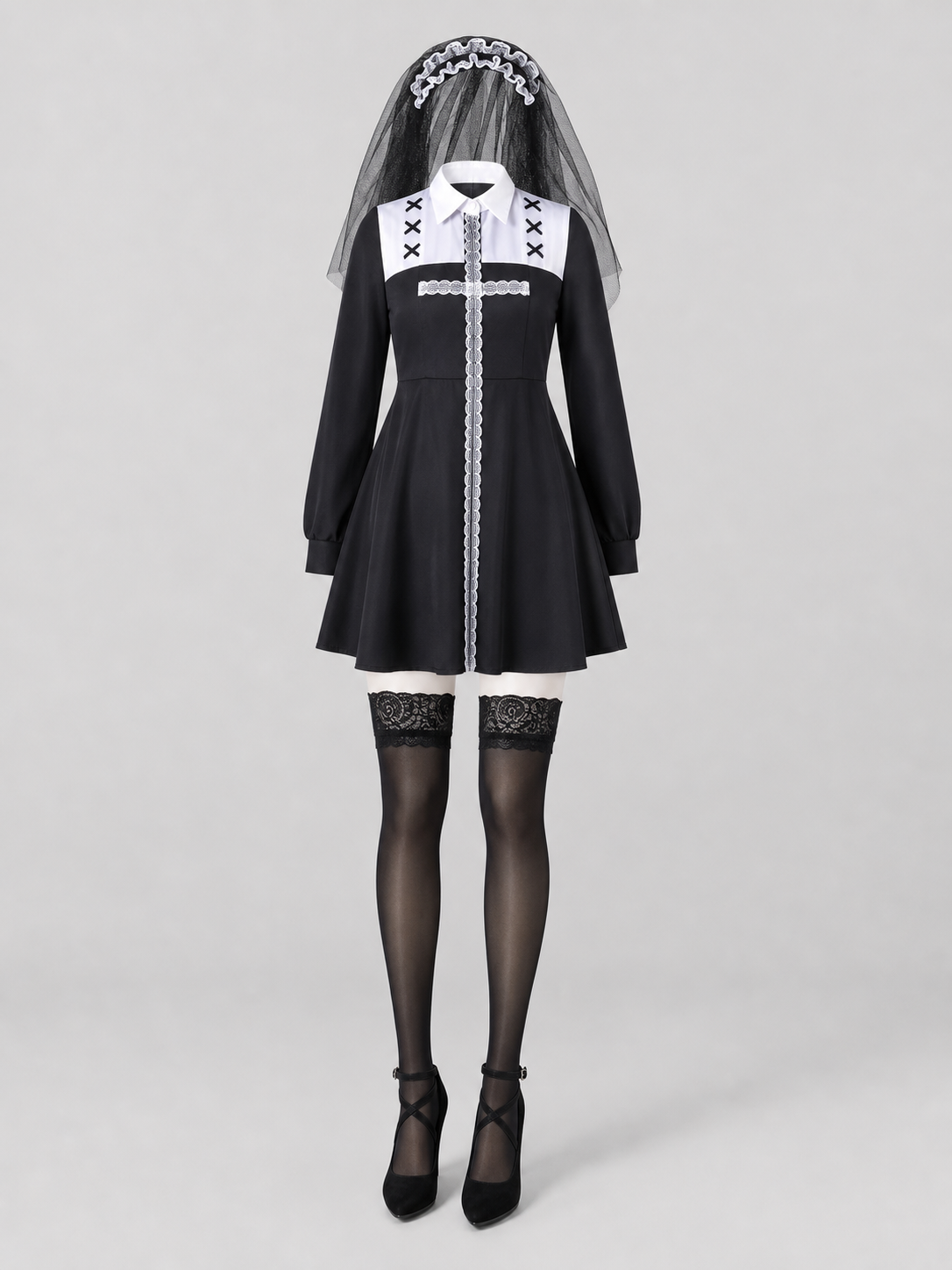 Gothic Dress Costume with Veil and Lace-Up Detail